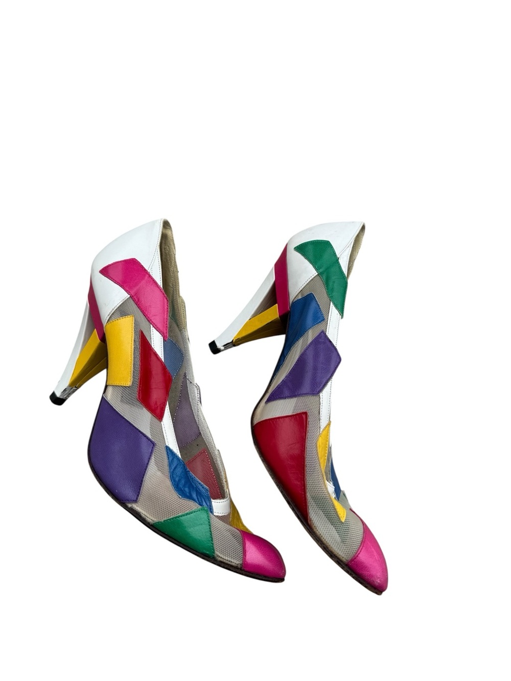 Stuart Weitzman 80s Vintage White Multicolor Patchwork Pointed Toe Heels 7.5.